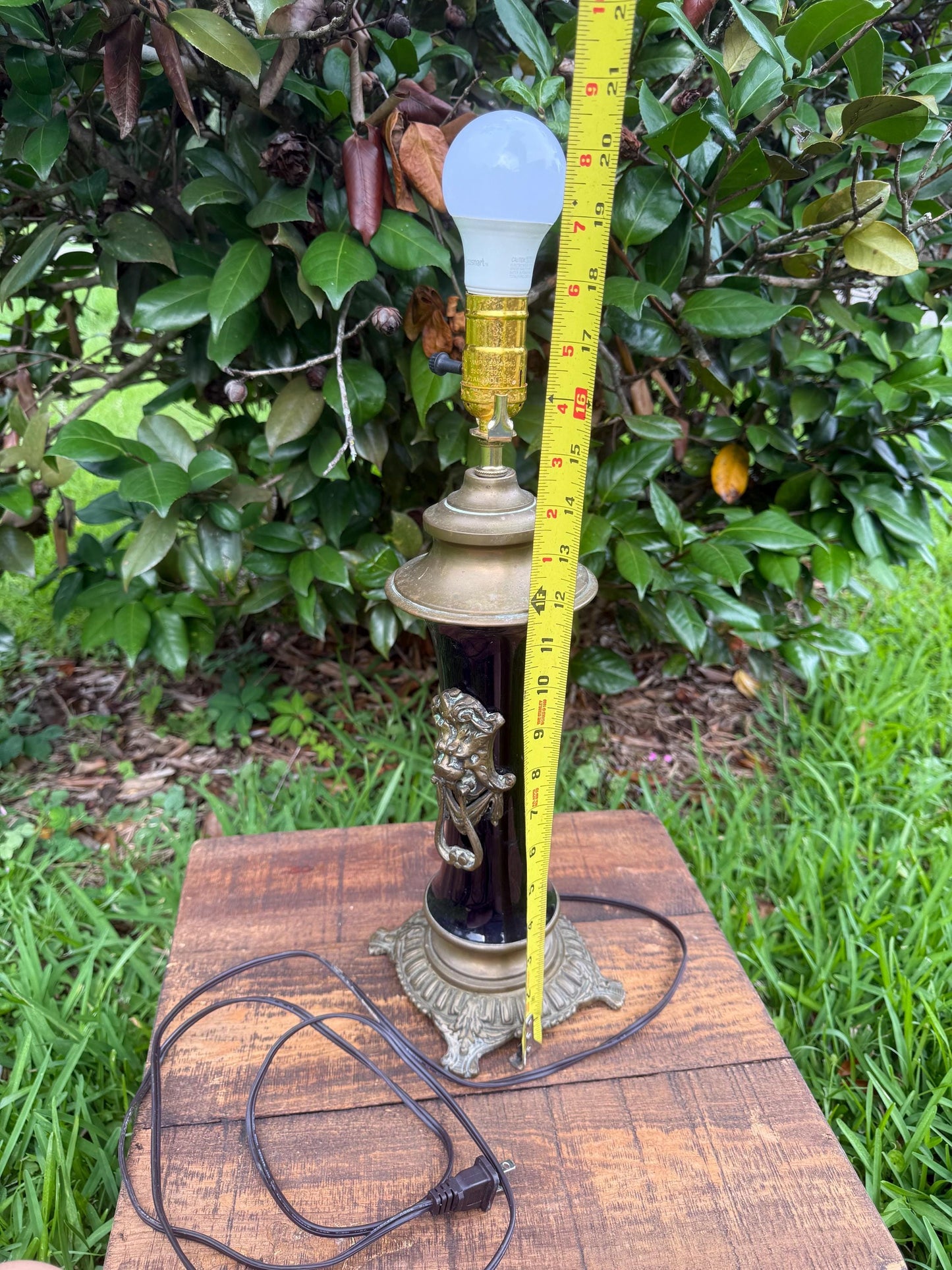 Antique Cobalt Blue Vase Lamp with Brass Lion Mounts – Converted Urn Table Lamp in Hollywood Regency or Eclectic Maximalist Style