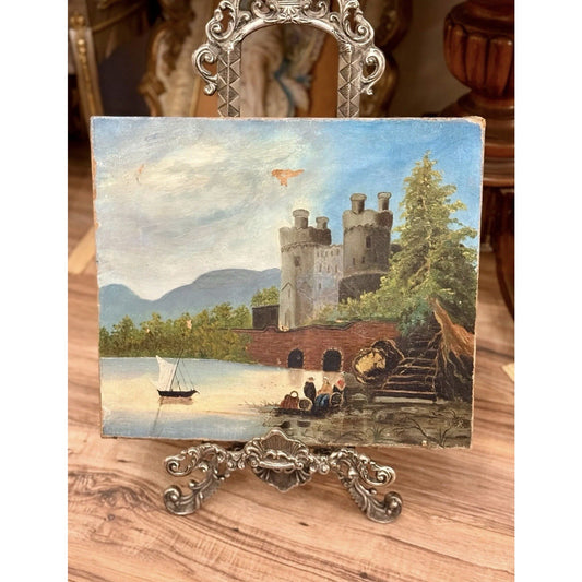 Antique European Castle Landscape Oil Painting on Canvas