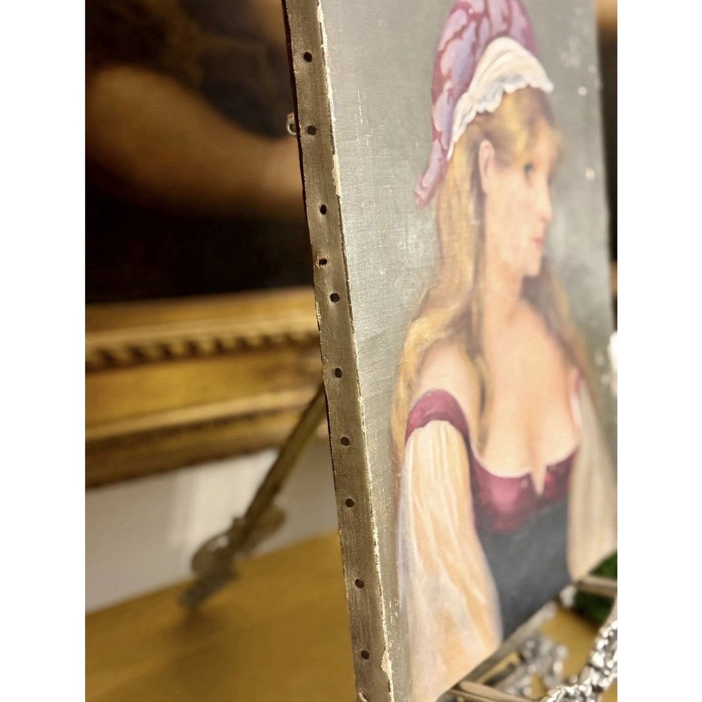 Antique European Portrait Oil Painting of Young Woman on Canvas