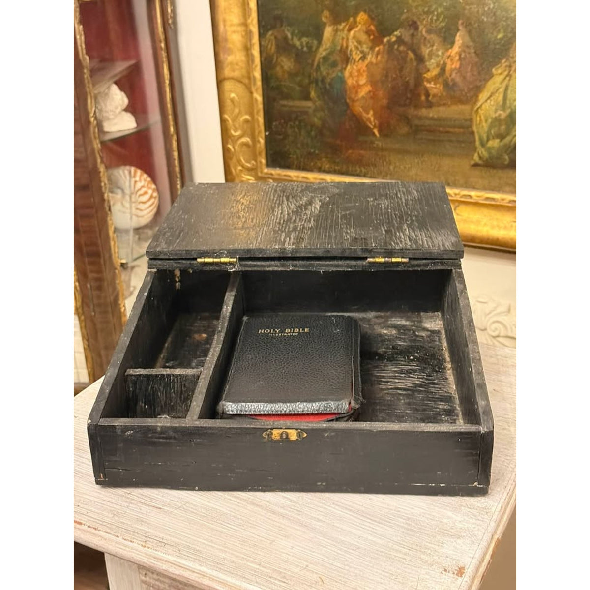 Antique Primitive Black Painted Wooden Bible Box, Slant Top Storage Chest