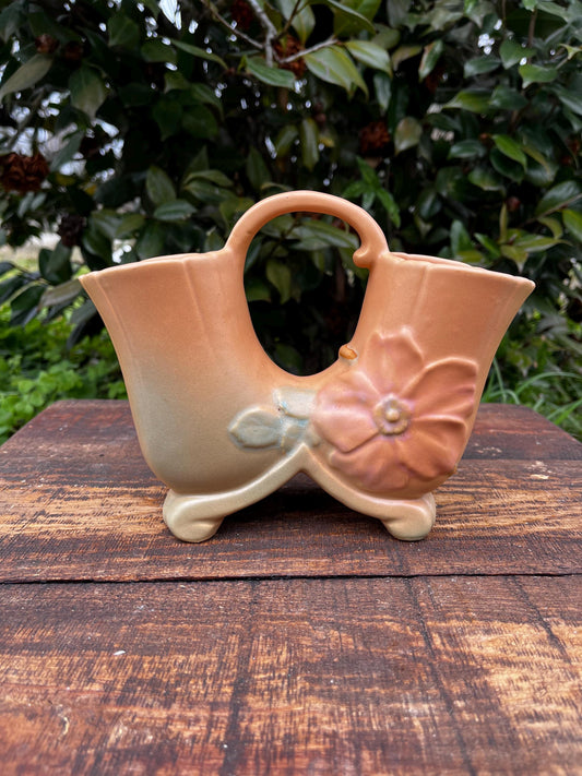 Antique Weller Wild Rose Double Vase, Vintage Floral Pottery, Collectible Home Decor, Elegant Ceramic Vase