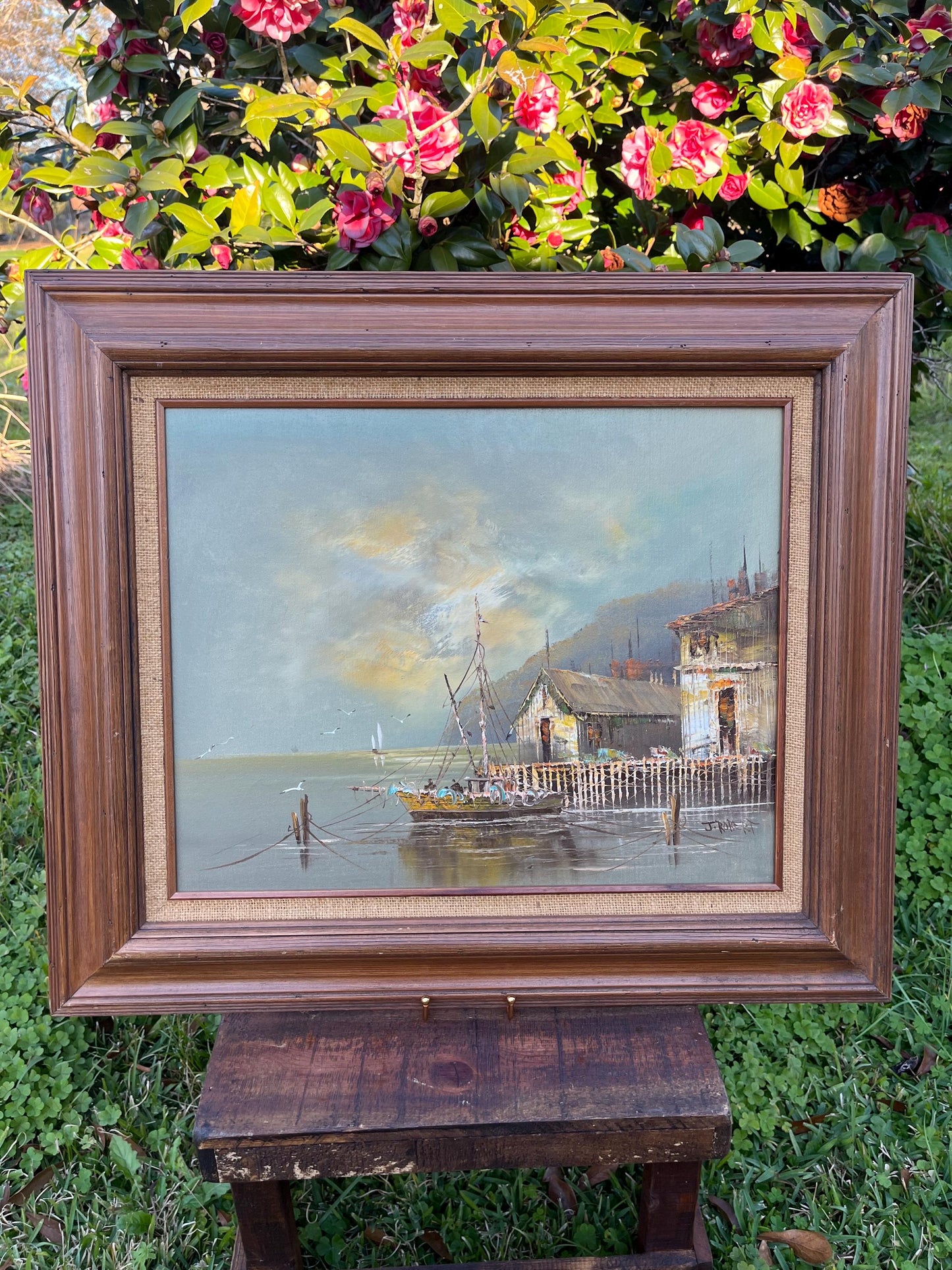 Signed J. Robert Marine Landscape Oil Painting, Large Framed Artwork, Original Oil Art, Coastal Scene, Collectible Art