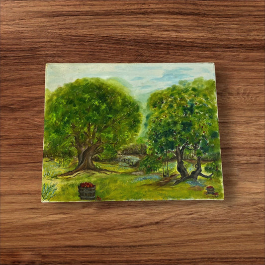 Mid-Century Folk Art Landscape | Oil on Canvas Pastoral Scene with Fruit Trees | 16x20 Vintage Farm Art