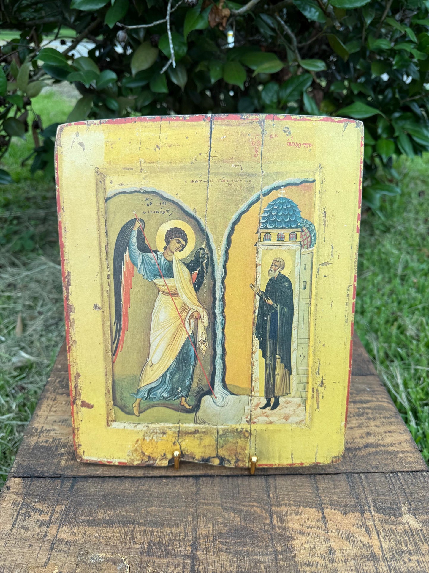Greek Orthodox Icon of the Miracle at Chonae, Archangel Michael & Saint, Hand-Painted Wood Panel from Thessaloniki