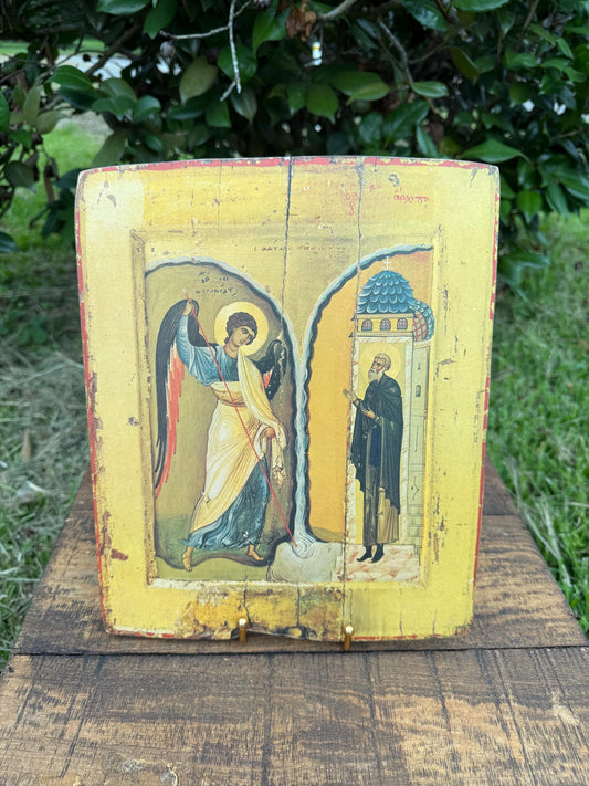 Greek Orthodox Icon of the Miracle at Chonae, Archangel Michael & Saint, Hand-Painted Wood Panel from Thessaloniki