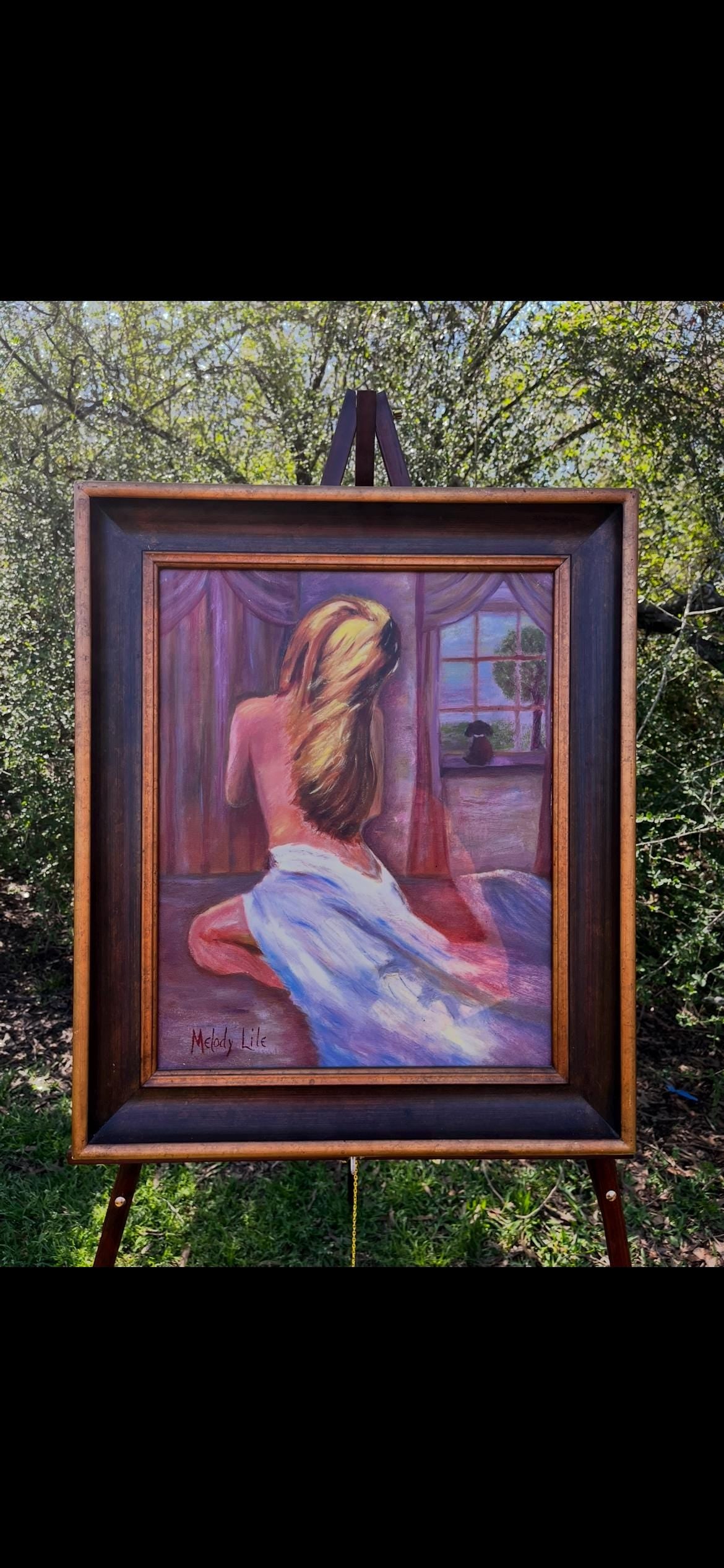 Original Oil Painting – Romantic Nude Woman by Window – Signed by Melody Lile – Framed Figurative Art