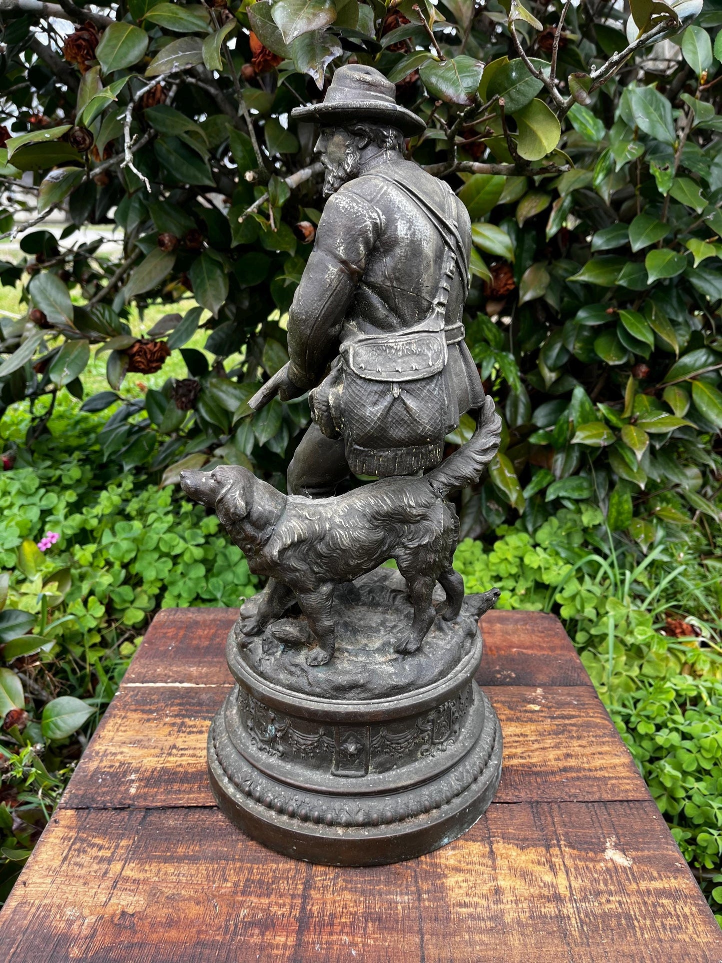 Large Antique Spelter Hunter Lamp Base – 19th C. Rustic Lodge Decor, Dog Figurine, Verdigris Patina, Bronze Finish