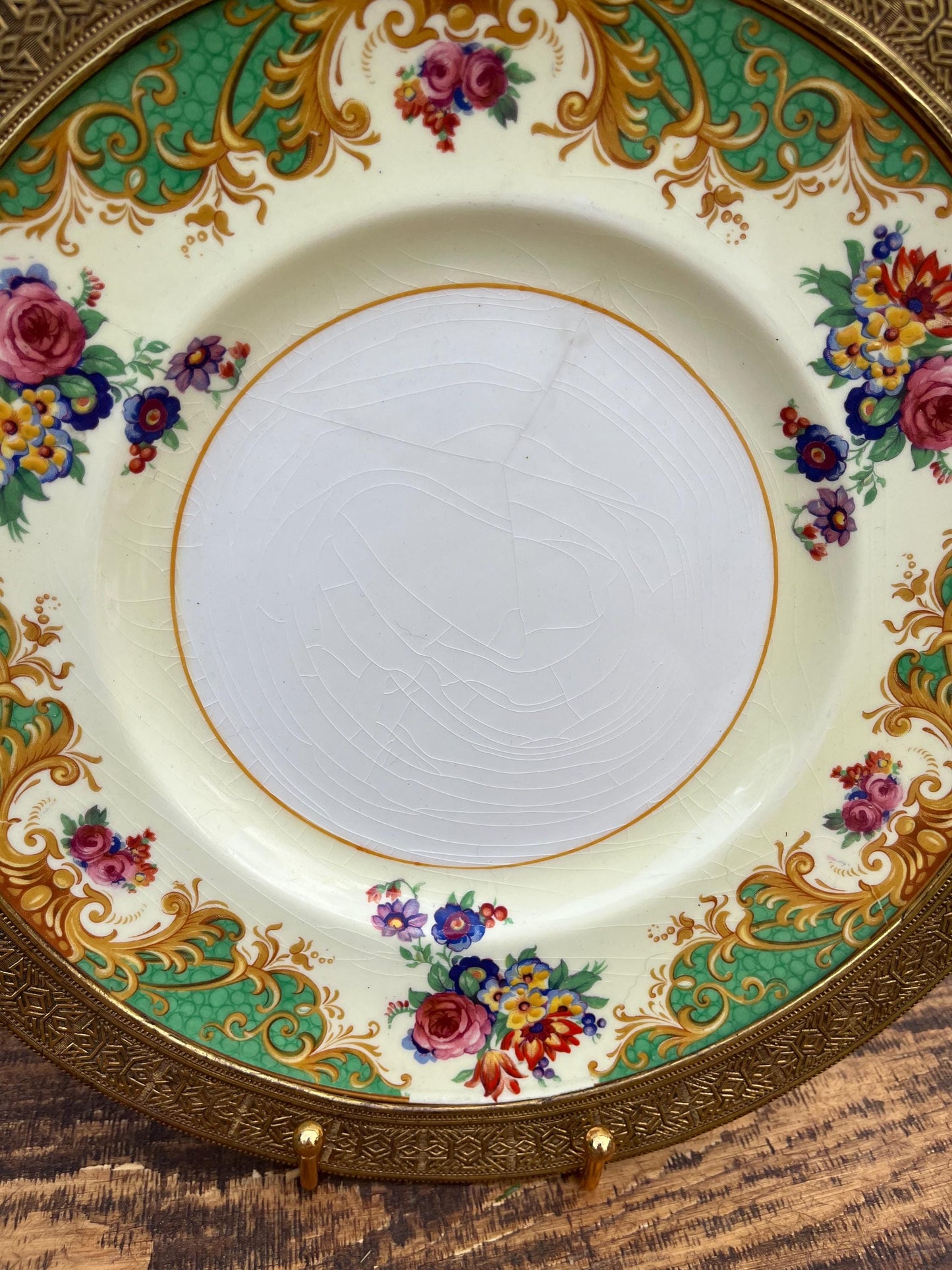 Crown Ducal Ware England Cabinet Plate – Rococo Floral Border, Rare Brass Lined Rim & Handles