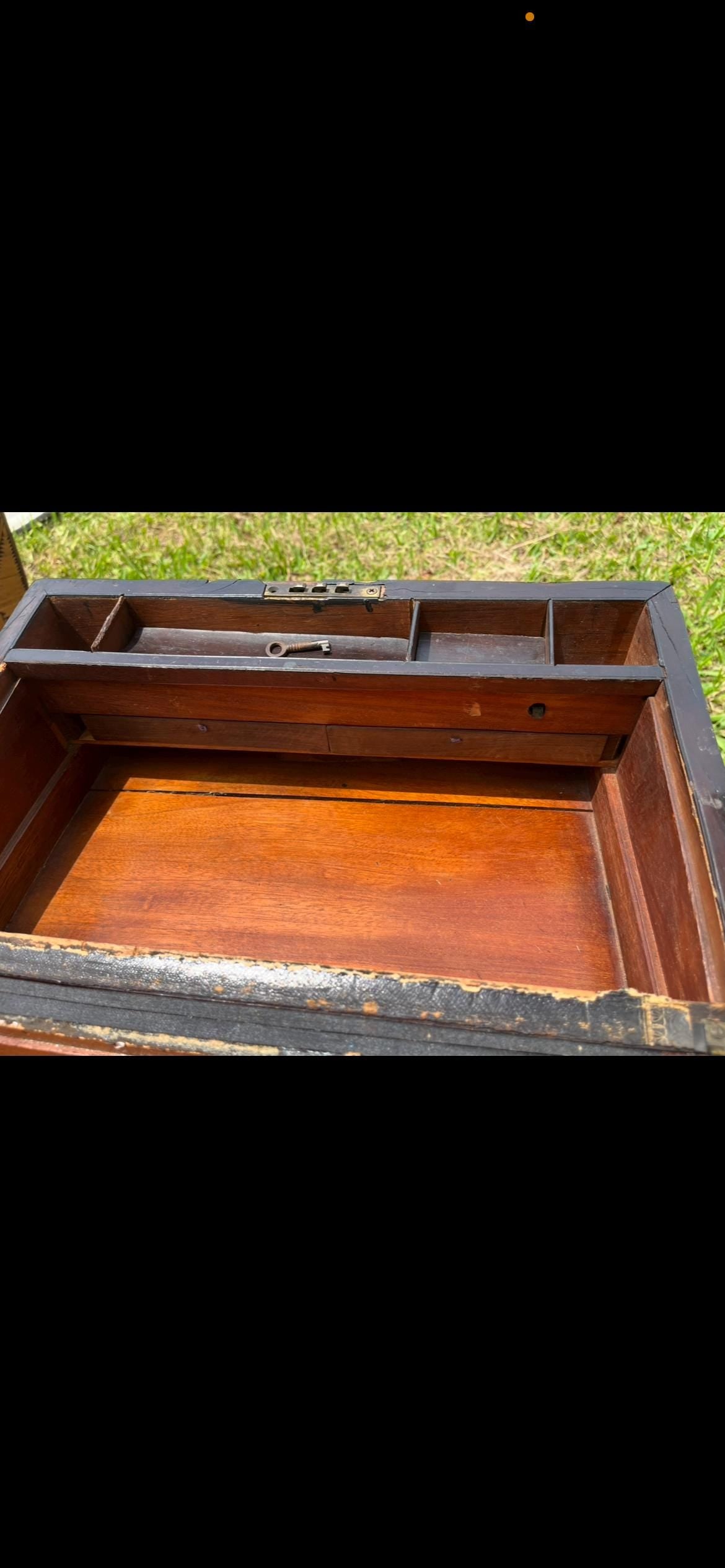 Antique 1870s Traveler’s Writing Desk | Portable Lap Desk with Missing Leather Inlay | Victorian Campaign Box | Folding Writing Slope