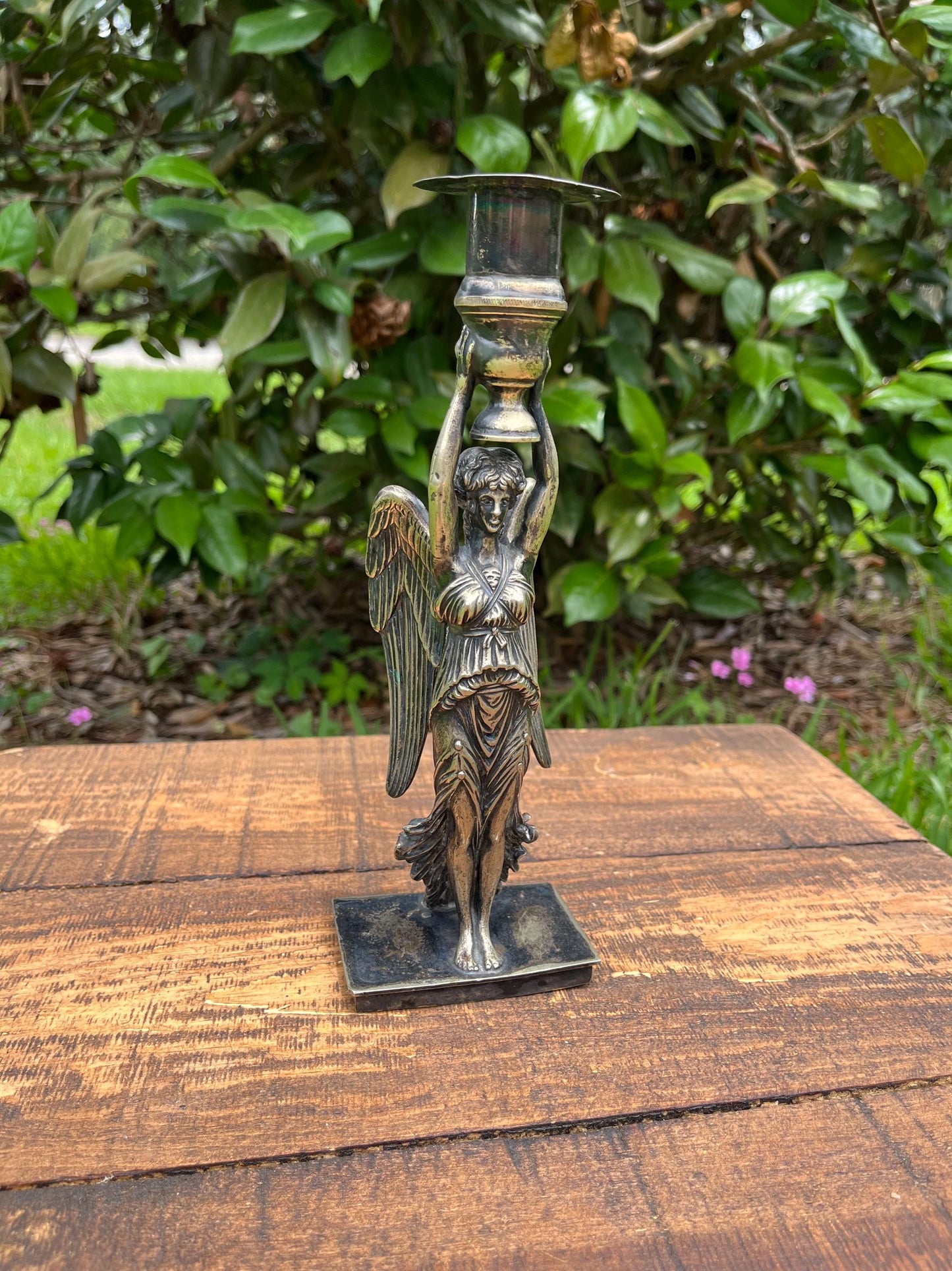 Neoclassical Winged Woman Candlestick – Heavy Cast Metal Taper Holder