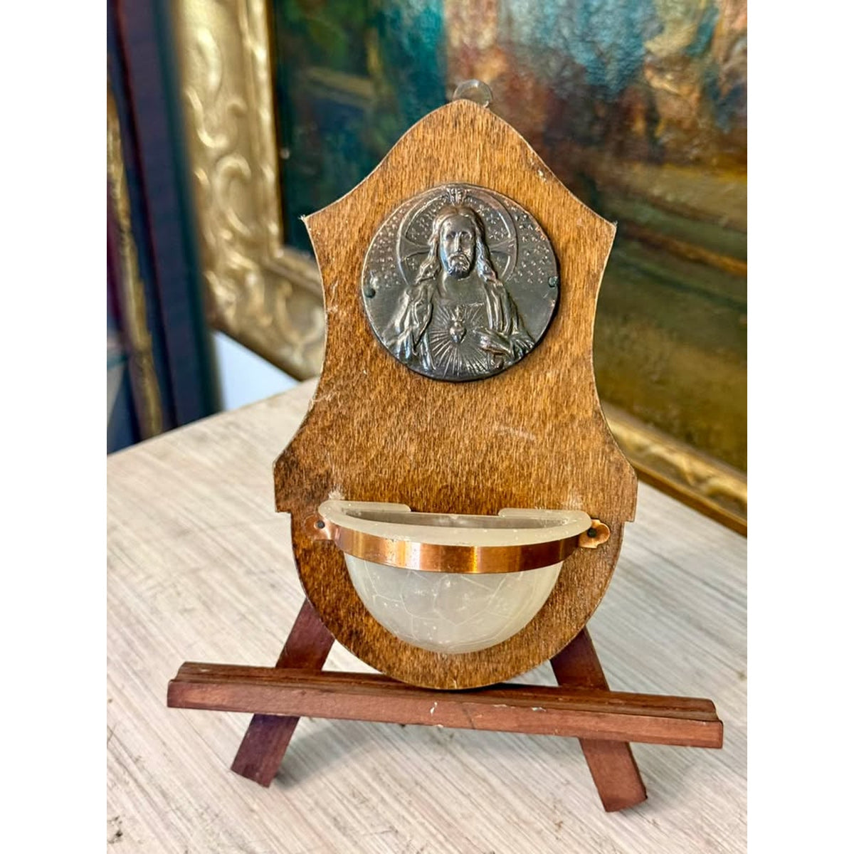 Vintage Sacred Heart of Jesus Wooden Holy Water Font, Catholic Devotional Wall Plaque