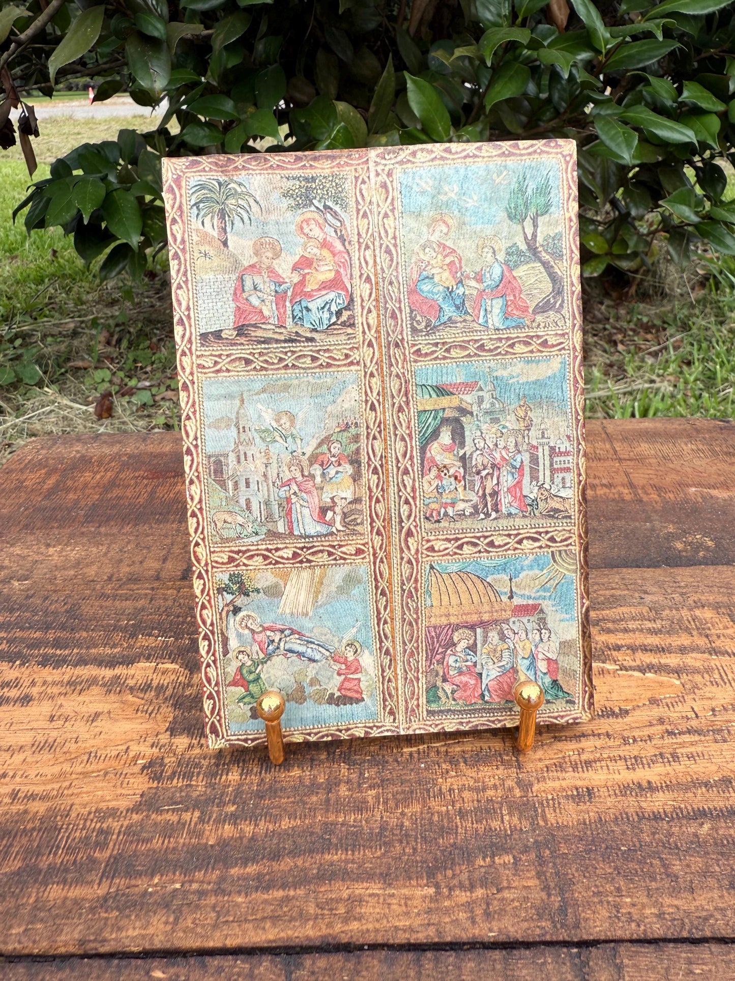 Greek Orthodox Icon Plaque from Meteora – Vintage Six-Scene Religious Print on Wood – Byzantine Style Wall Art