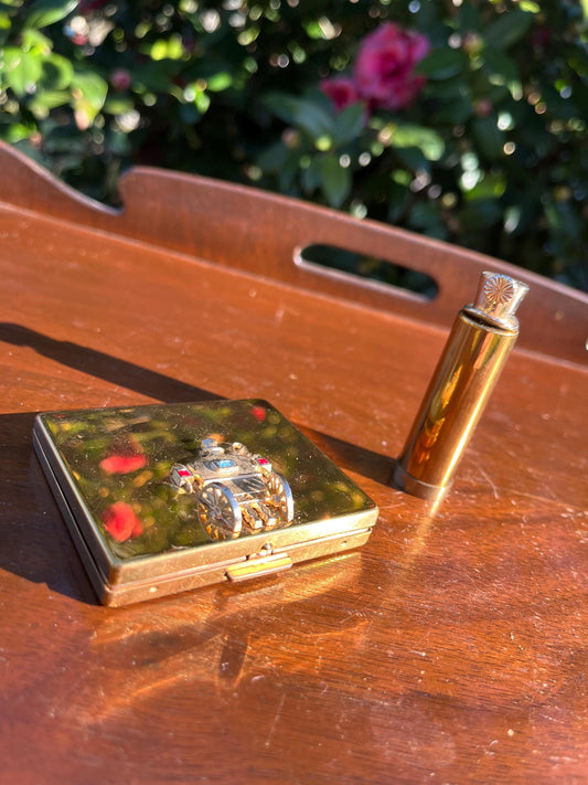 Vintage Horse Carriage Compact with Lipstick Tube, Flato Compact, Retro Makeup Case, Vanity Collectible, Gift for Her
