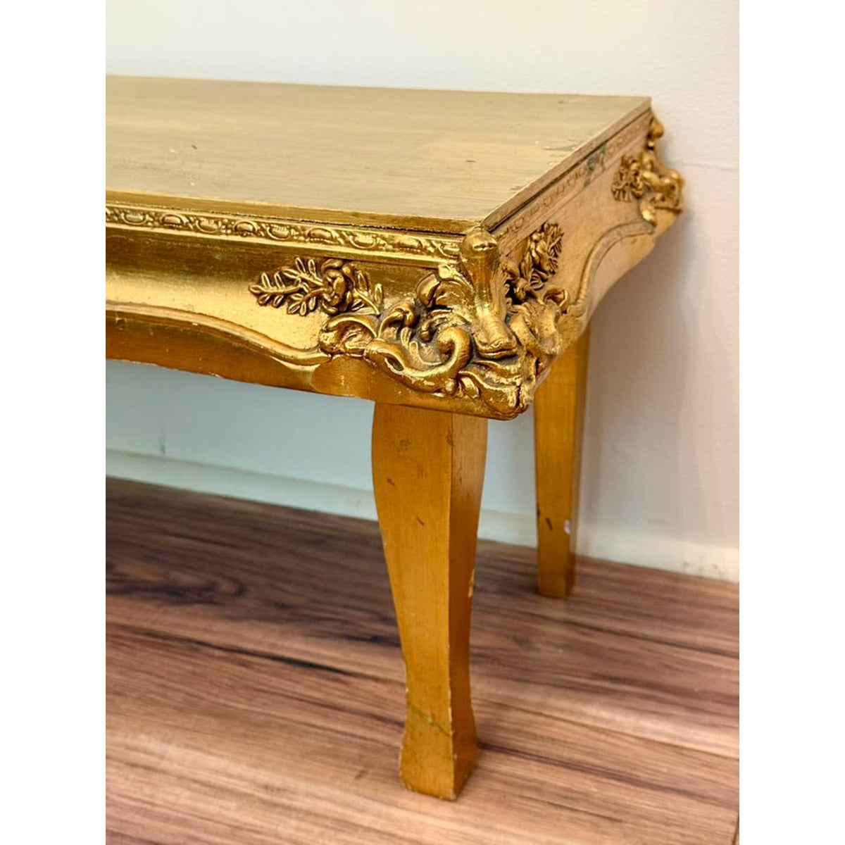 Vintage Hollywood Regency Gold Wood Bench Low Table Rococo Style Riser