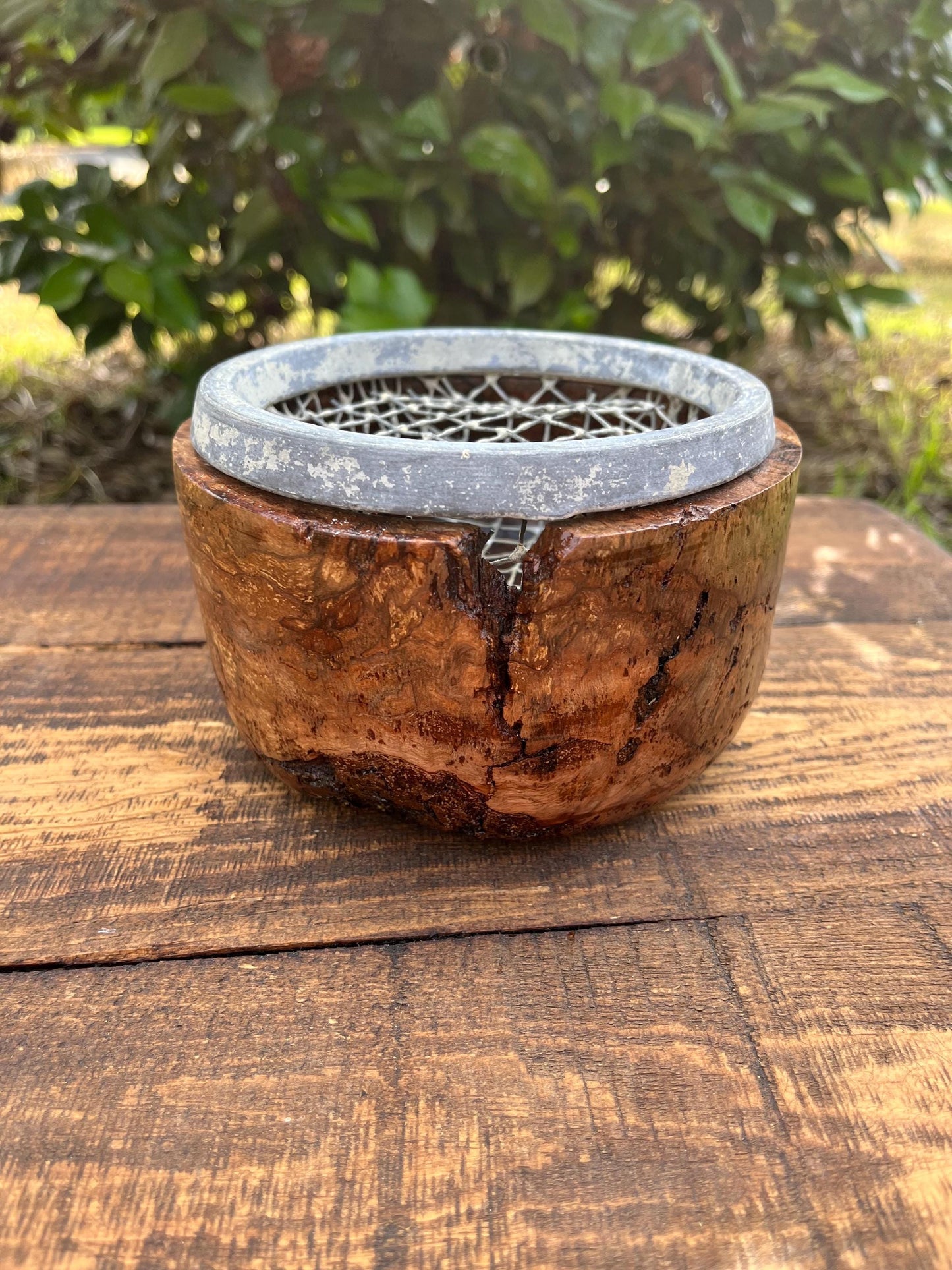 Mid-Century Vase with Burl Wood Base and Wire Frog | Rustic Floral Holder