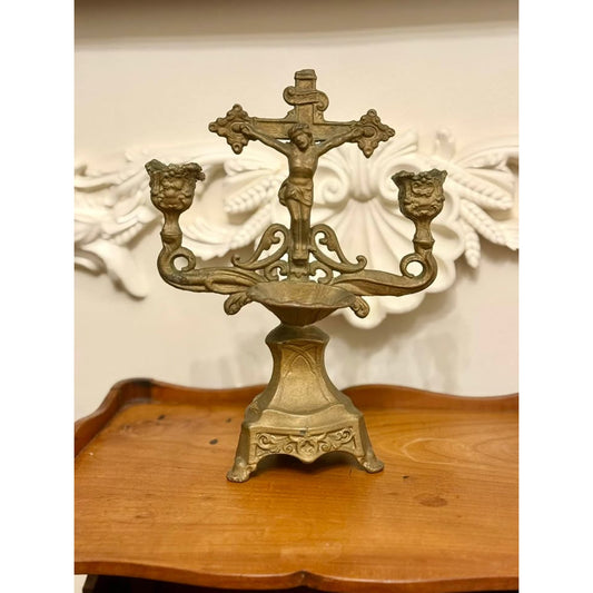Antique Catholic Crucifix Holy Water Font Double Candle Holder Religious Altar