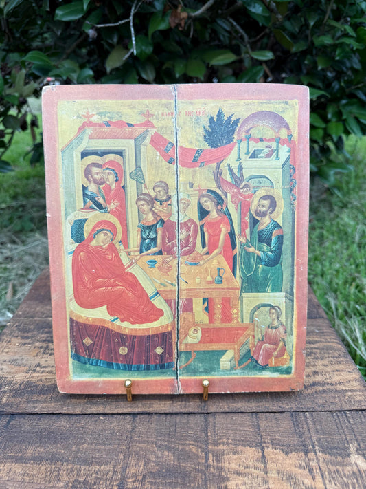 Greek Orthodox Icon of the Nativity of the Virgin | Vintage Thessaloniki Religious Art on Board