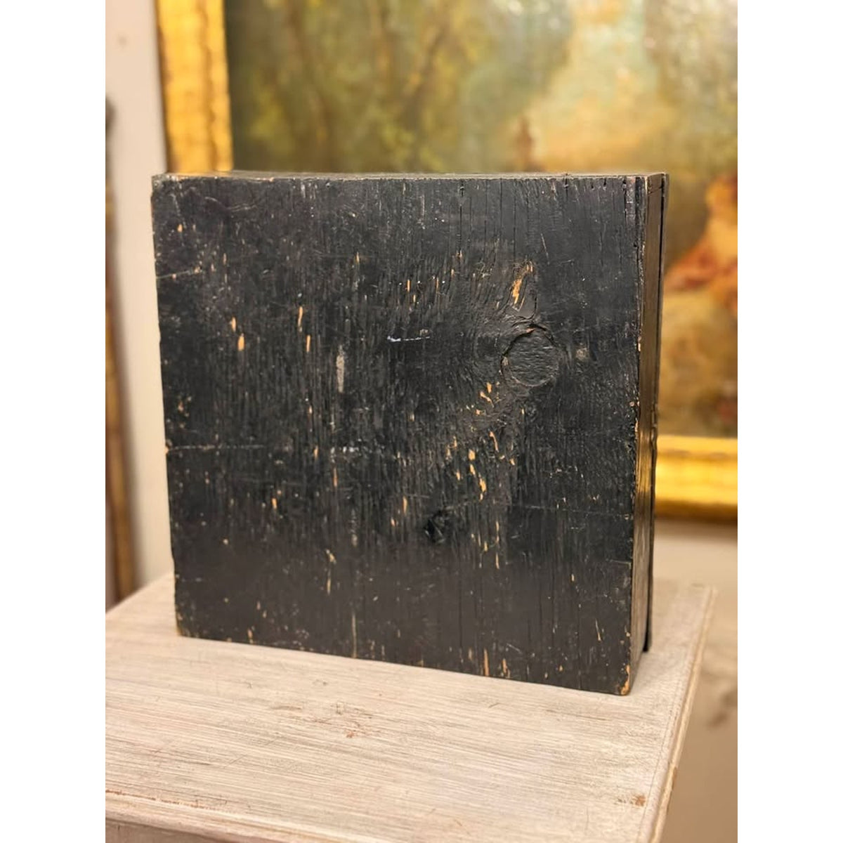 Antique Primitive Black Painted Wooden Bible Box, Slant Top Storage Chest