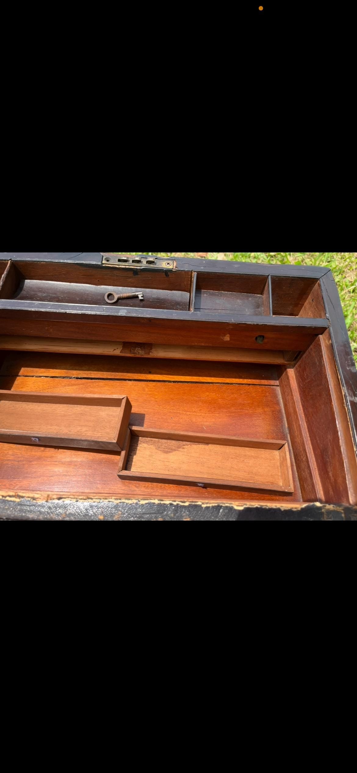 Antique 1870s Traveler’s Writing Desk | Portable Lap Desk with Missing Leather Inlay | Victorian Campaign Box | Folding Writing Slope