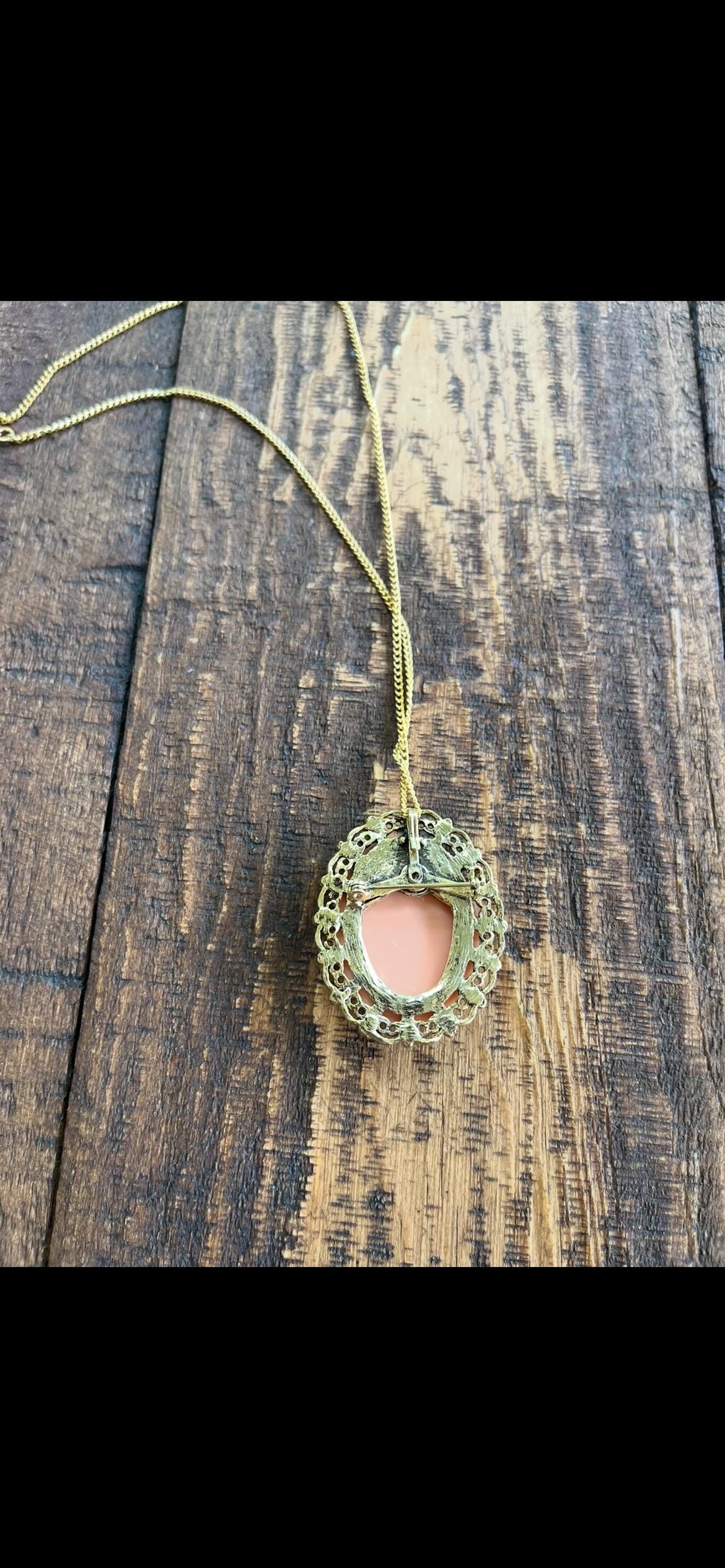 Artemis Cameo Necklace – Resin Pink Cameo Depicting Artemis with Bow & Dog – Vintage Greek Goddess Jewelry