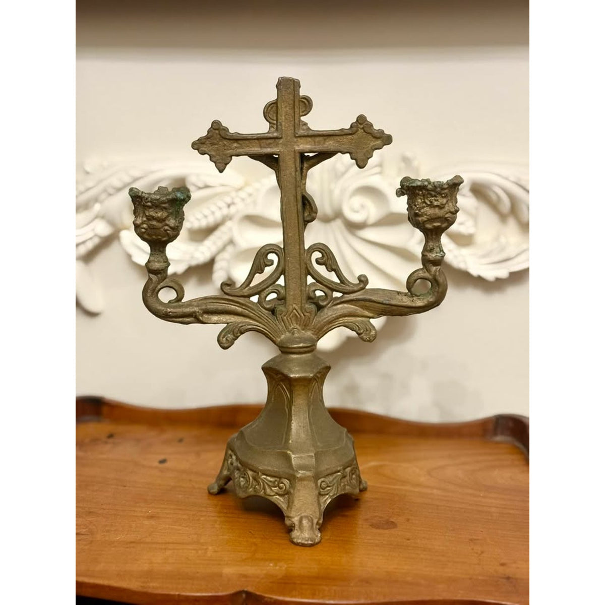 Antique Catholic Crucifix Holy Water Font Double Candle Holder Religious Altar