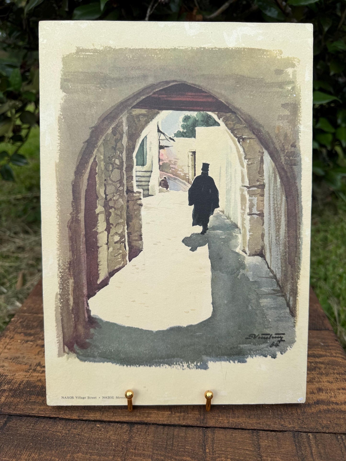 Mid Century Greek Village Print – Naxos Street Scene Mounted Art Board 9.5x13.5