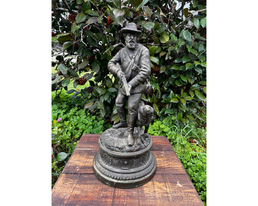Large Antique Spelter Hunter Lamp Base – 19th C. Rustic Lodge Decor, Dog Figurine, Verdigris Patina, Bronze Finish