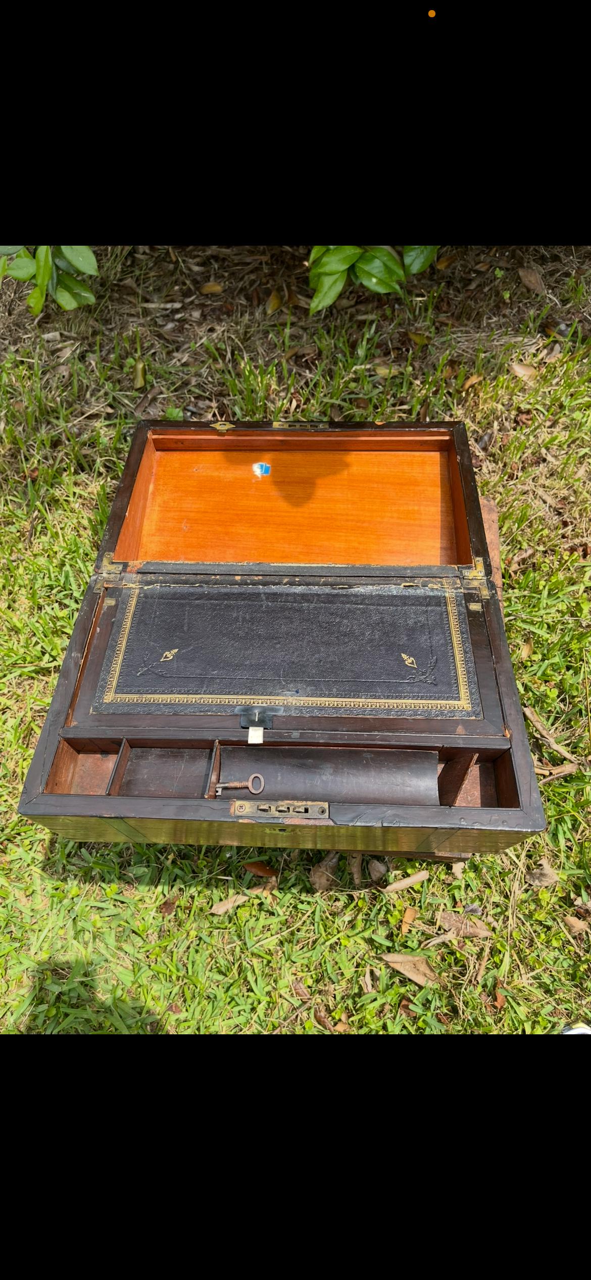 Antique 1870s Traveler’s Writing Desk | Portable Lap Desk with Missing Leather Inlay | Victorian Campaign Box | Folding Writing Slope