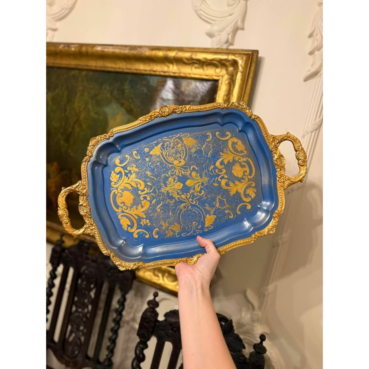 Vintage Blue & Gold Painted Metal Footed Serving Tray