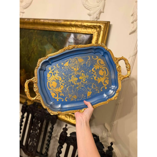 Vintage Blue & Gold Painted Metal Footed Serving Tray