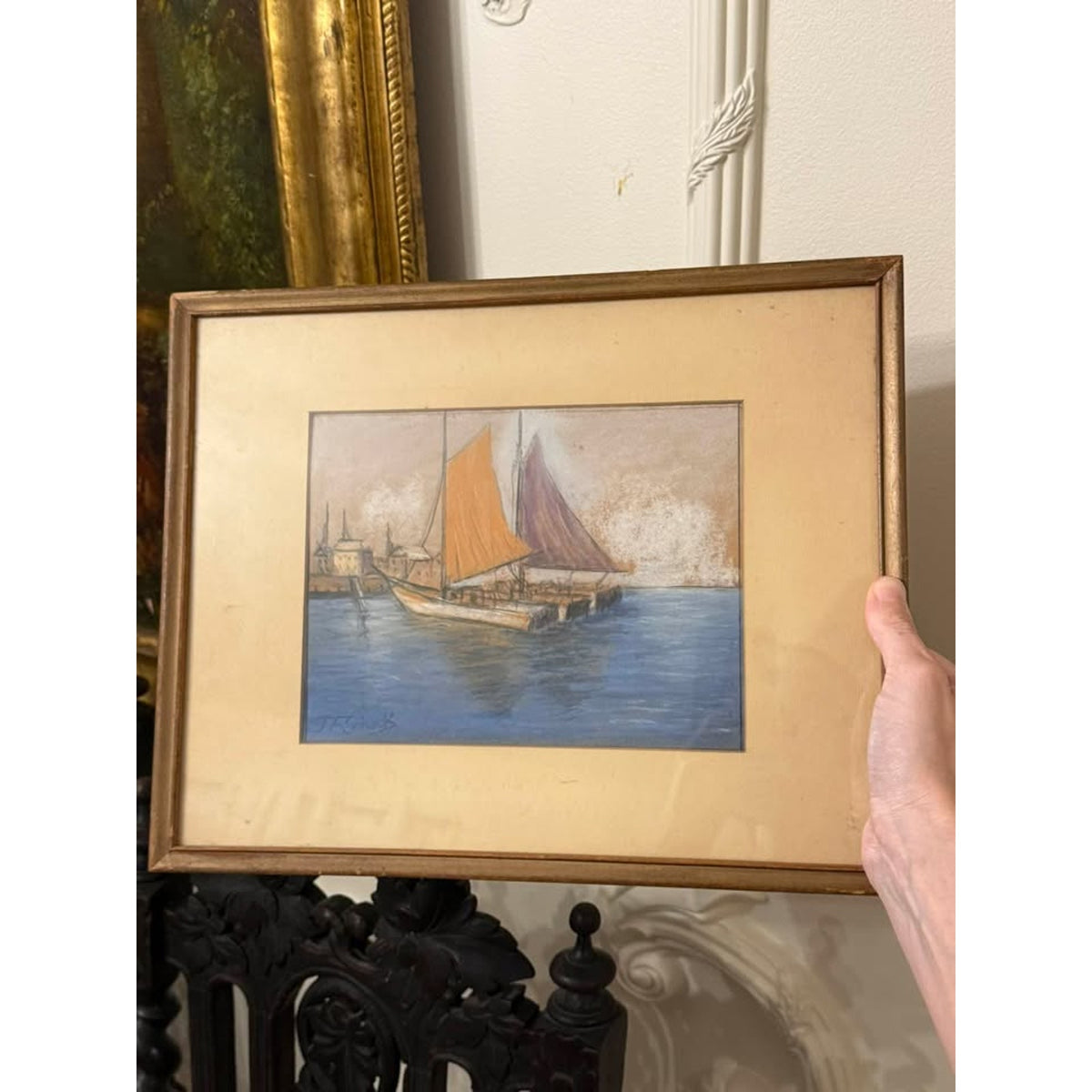Vintage Signed Sailboat Harbor Artwork