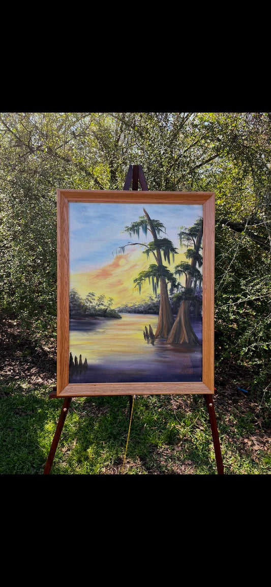 Bayou Landscape Oil Painting by J. Bryant – Southern Cypress Swamp Sunset – Framed Vintage Art