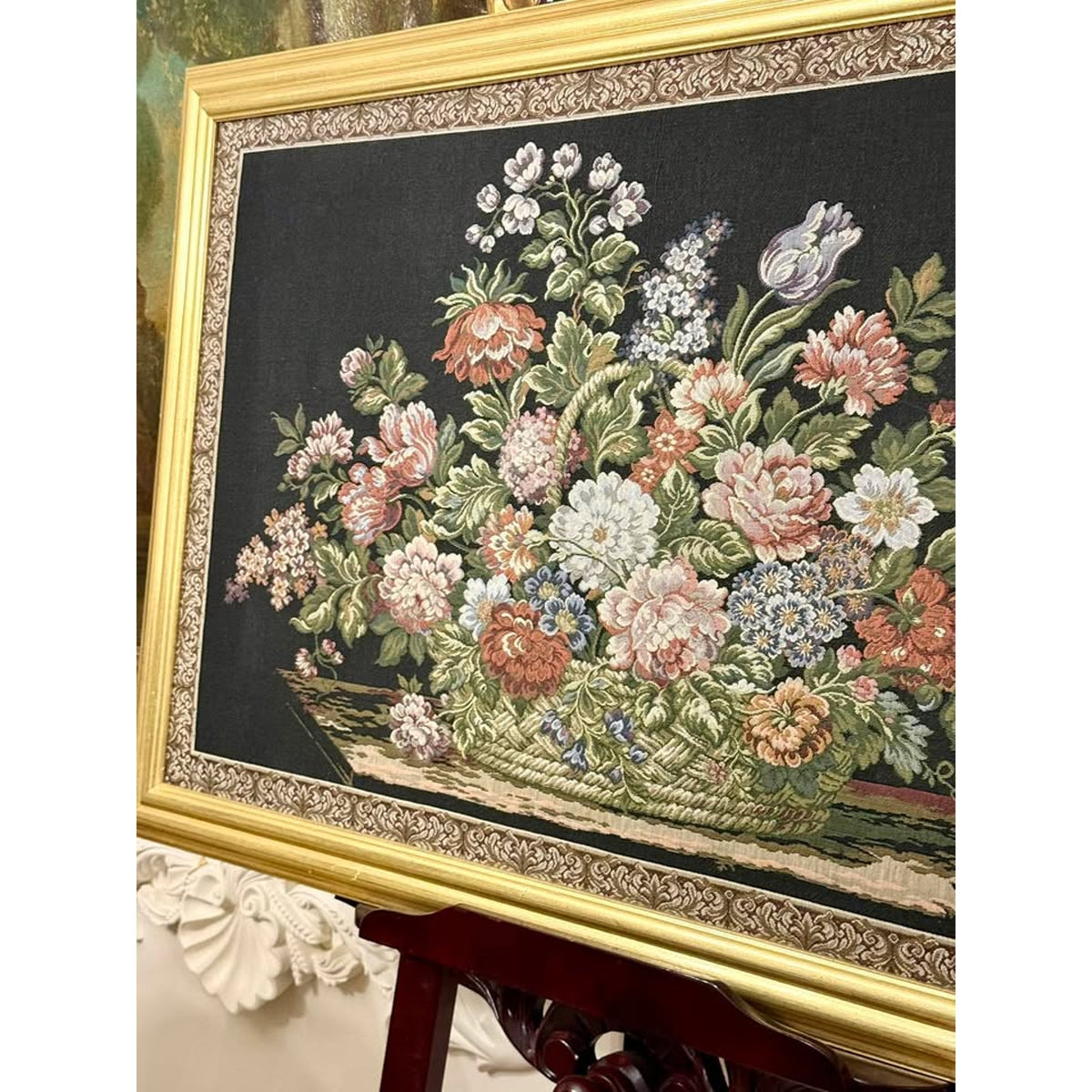 Large Vintage Framed Floral Jacquard Tapestry, Basket of Flowers, 39”