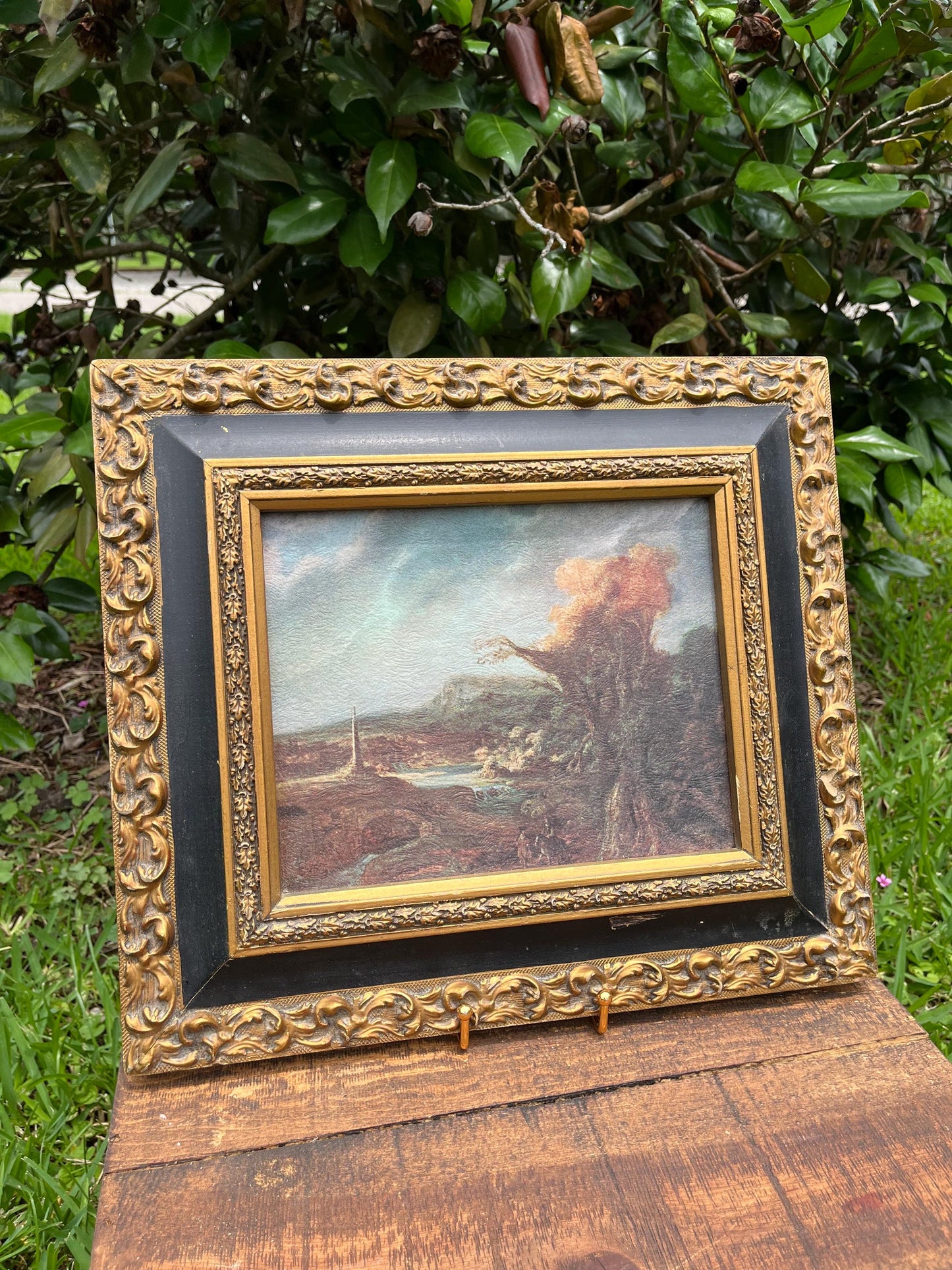 Vintage Framed Landscape Print – Moody Tree Scene in Ornate Black & Gold Frame