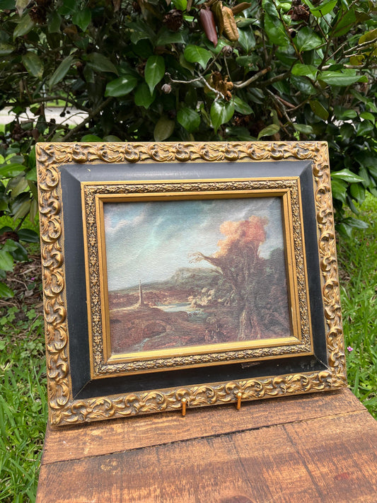 Vintage Framed Landscape Print – Moody Tree Scene in Ornate Black & Gold Frame