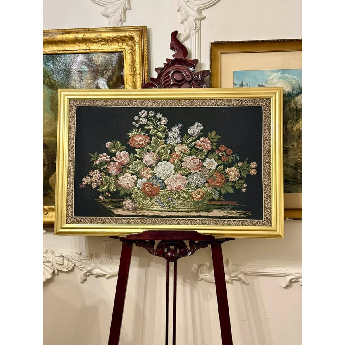 Large Vintage Framed Floral Jacquard Tapestry, Basket of Flowers, 39”