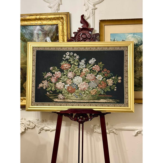 Large Vintage Framed Floral Jacquard Tapestry, Basket of Flowers, 39”