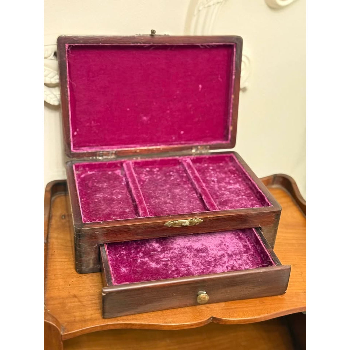 Antique Victorian Mahogany Jewelry Box Dovetail Drawer Purple Velvet Interior