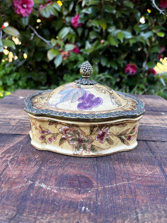 Decorative Floral Ceramic Trinket Box with Bronze Trim & Grape Lid – Made in China Vanity Accent