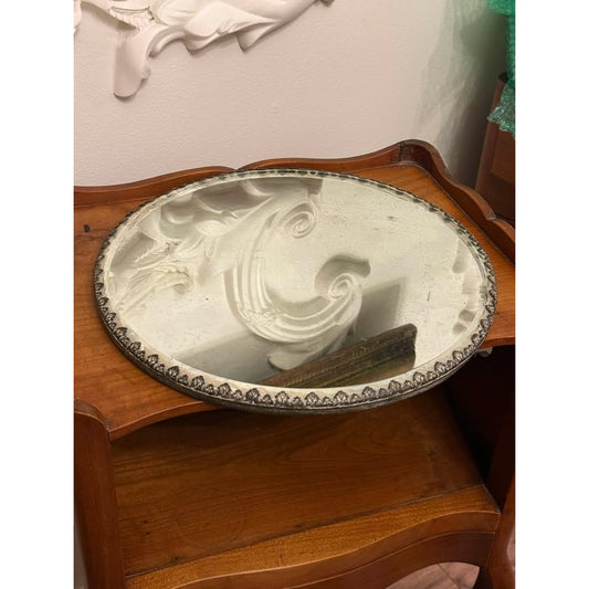 Vintage 12” Round Mirrored Vanity Perfume Tray Ornate Metal Acanthus Border