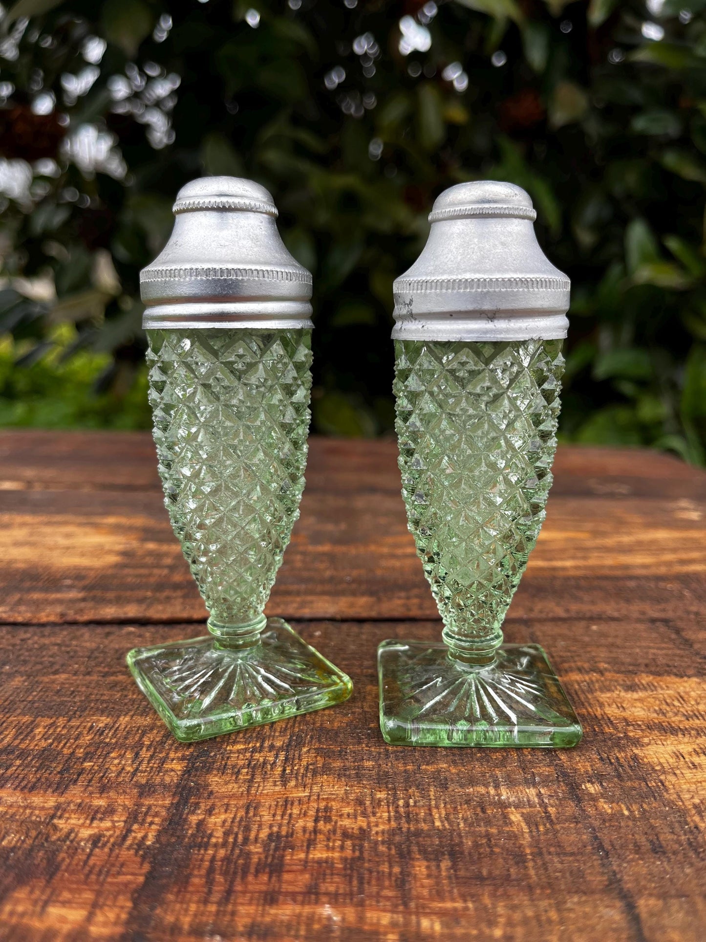 Miss America Green Glass Salt and Pepper Shakers, Depression Glass, Antique Dinnerware, Kitchen Collectibles