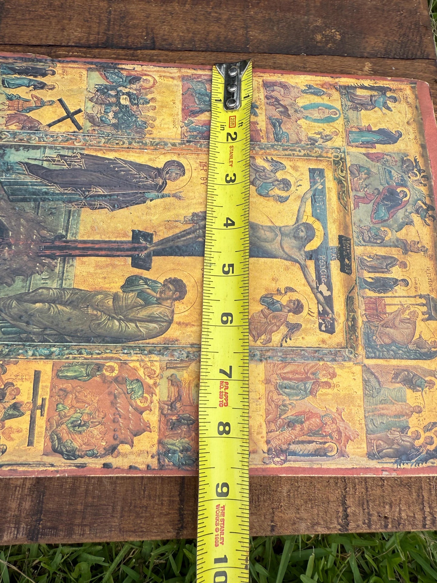 Greek Orthodox Crucifixion Icon with New Testament Scenes | Vintage Thessaloniki Icon Panel, 12x9"