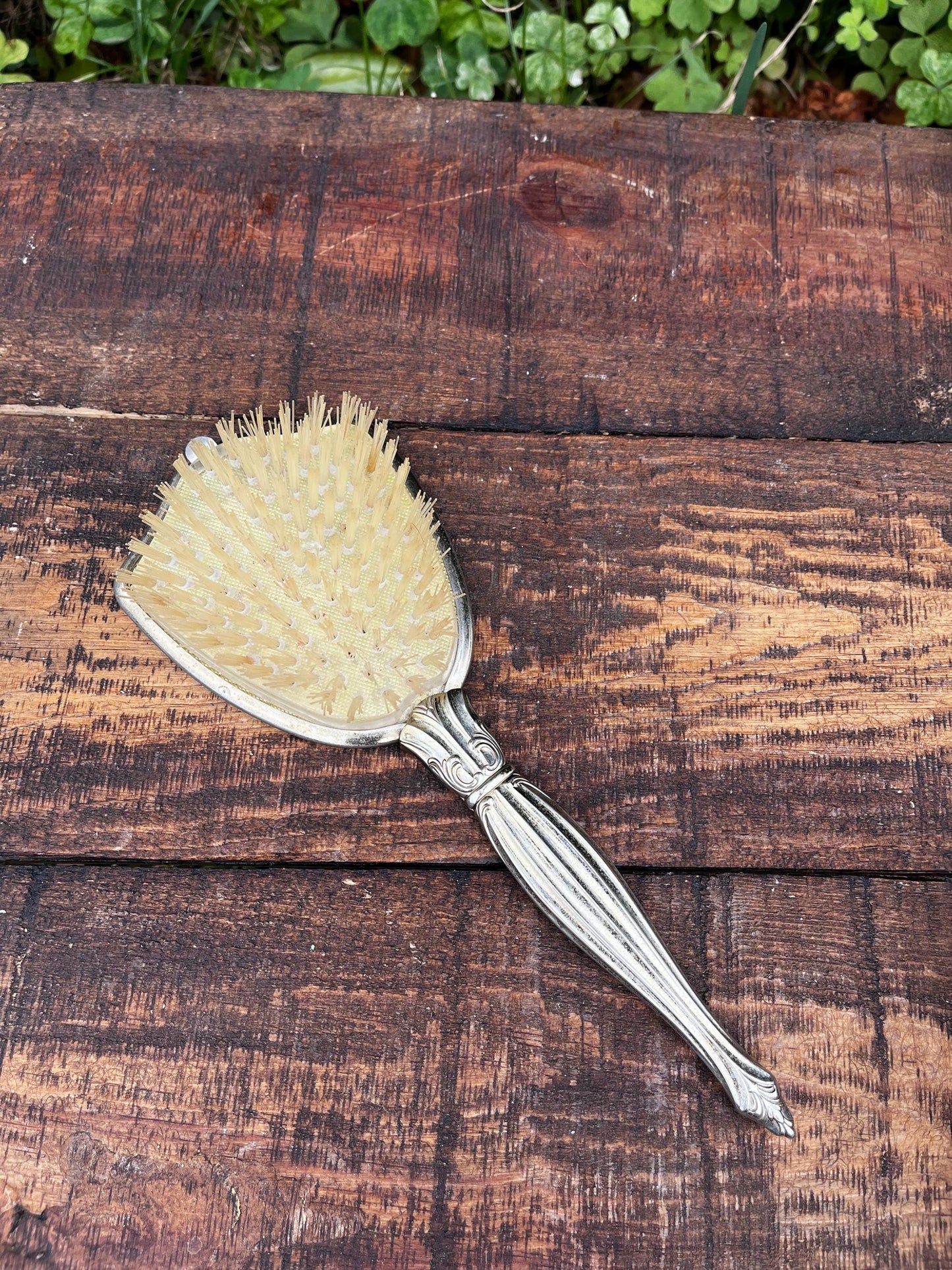 Vintage Vanity Brush – Metal Back with Swirly Design – Retro Dressing Table Brush – Elegant Antique Makeup Brush