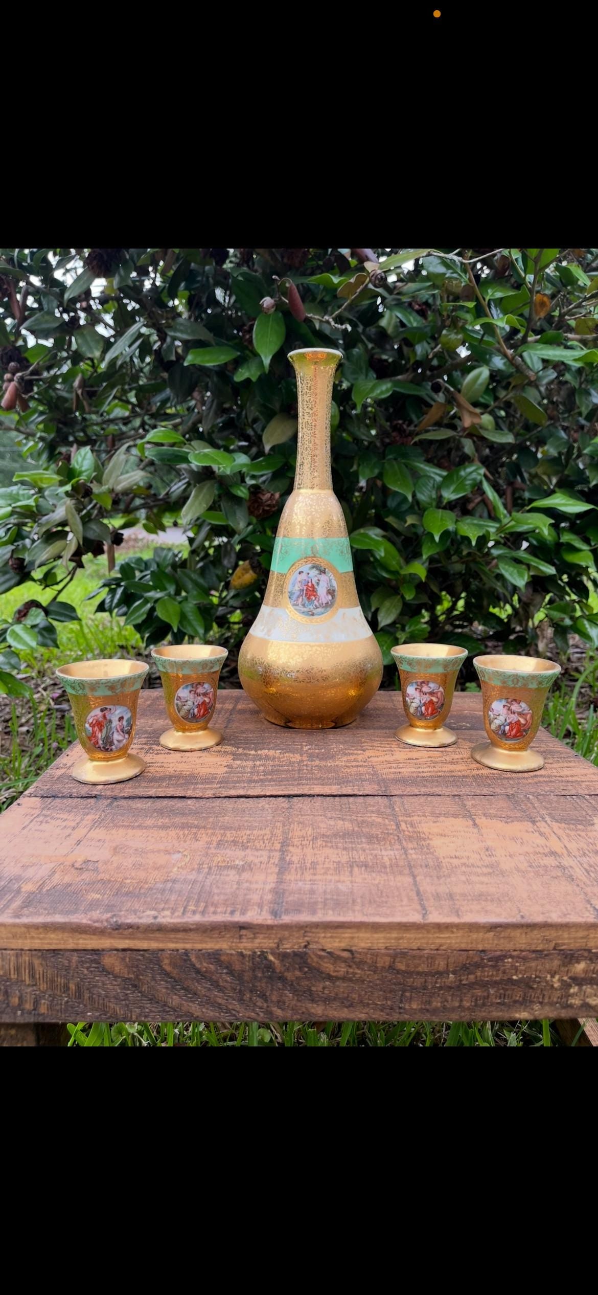 Le Mieux Decanter 4 Glasses | Midcentury Hand-Painted Gold & Enamel Bar Set | Missing Stopper | Vintage Hollywood Regency Glassware