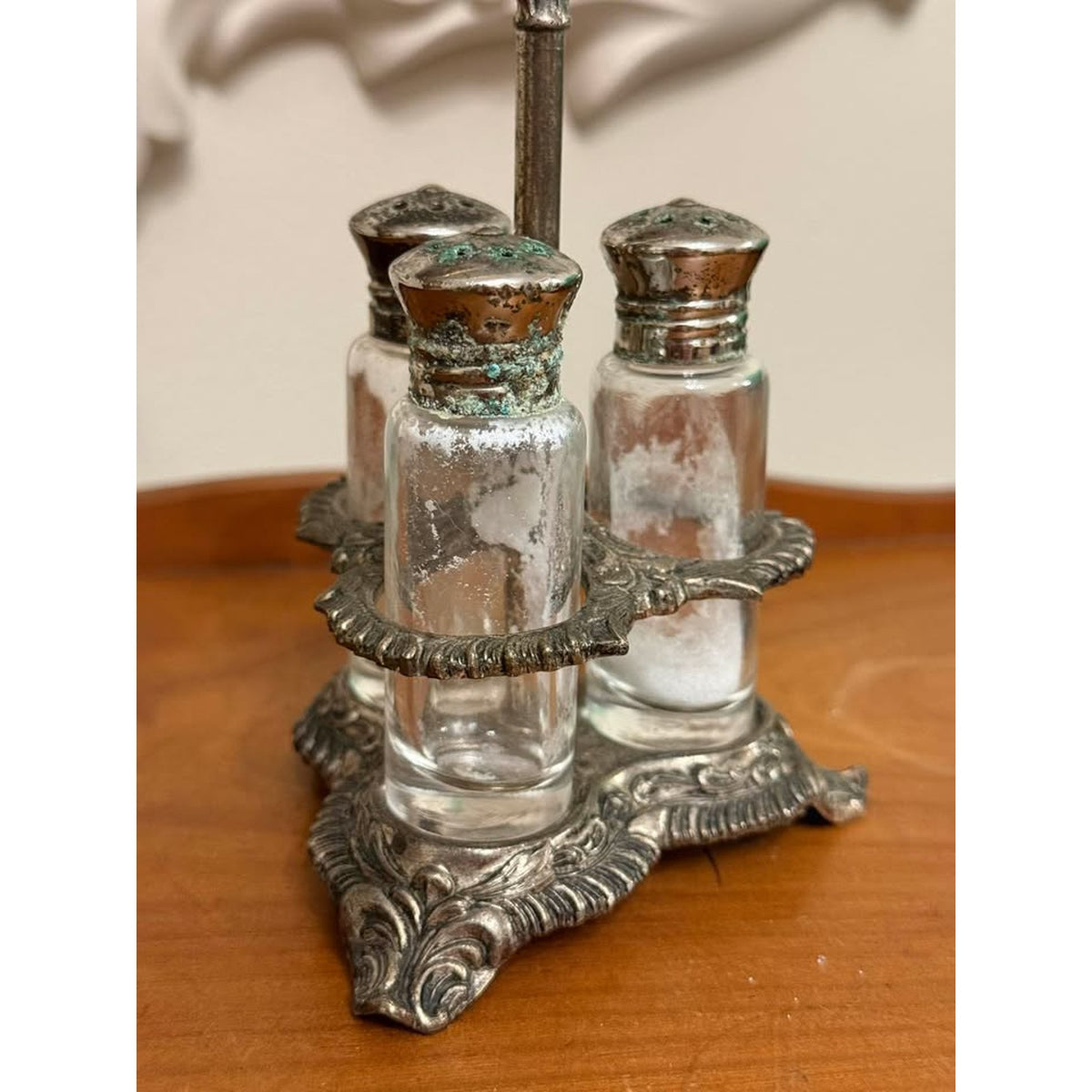 Vintage Silverplate 3 Bottle Salt Pepper Condiment Caddy Glass Shaker Set