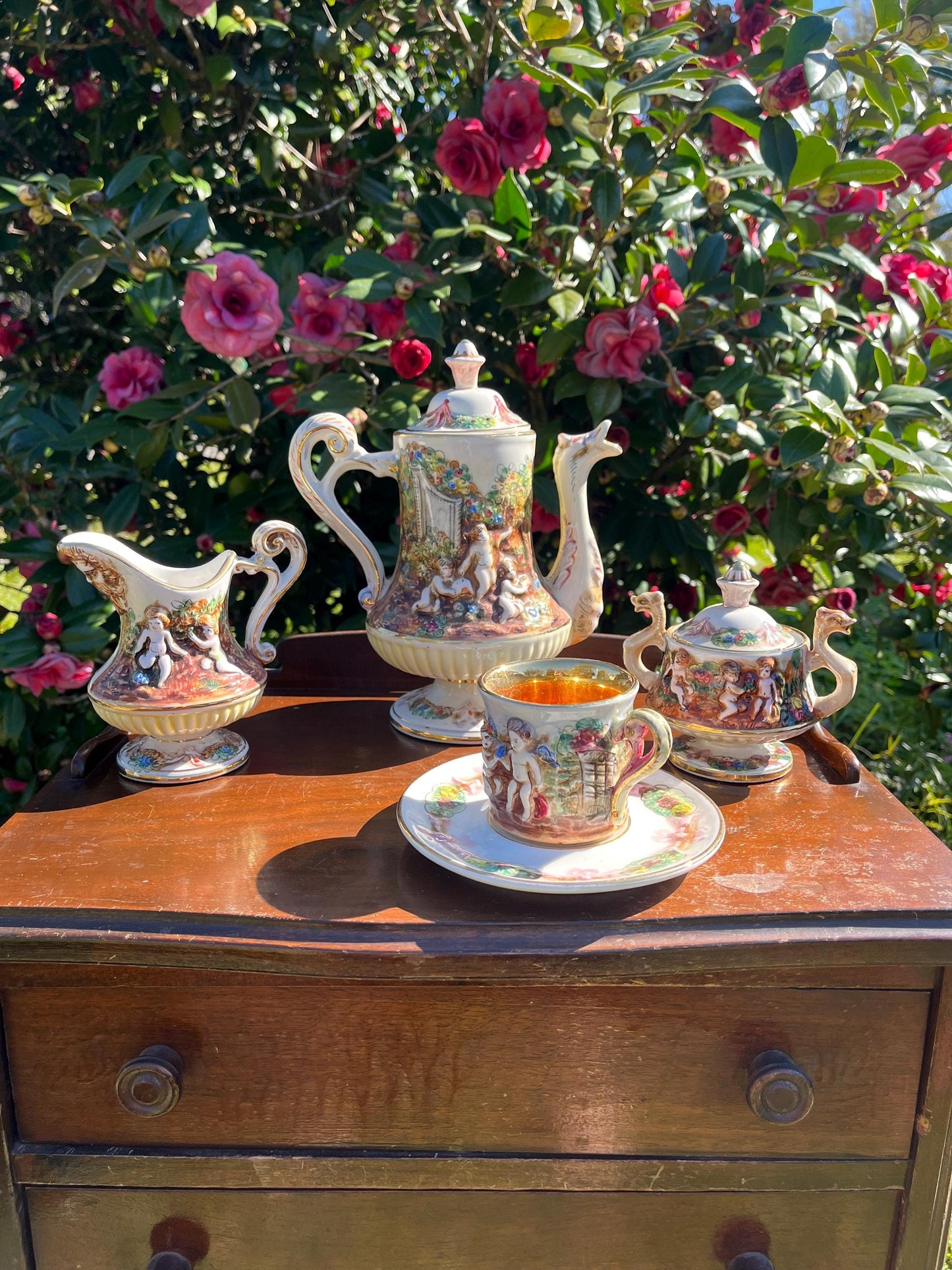 Capodimonte Tea Set with Serpents and Cherubs, Porcelain Vintage Tea Set, Unique Tea Set Gift, Italian Ceramics