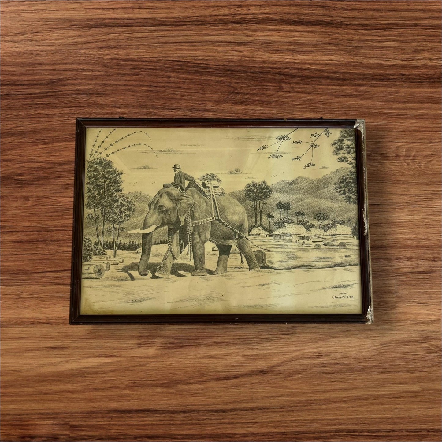 Graphite Drawing of Logging Elephants | Mid-Century Thai Art by Niwat | Chiang Mai, Siam Scene