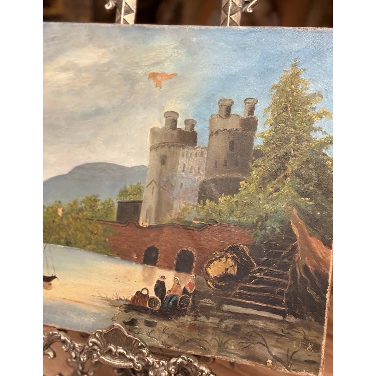 Antique European Castle Landscape Oil Painting on Canvas
