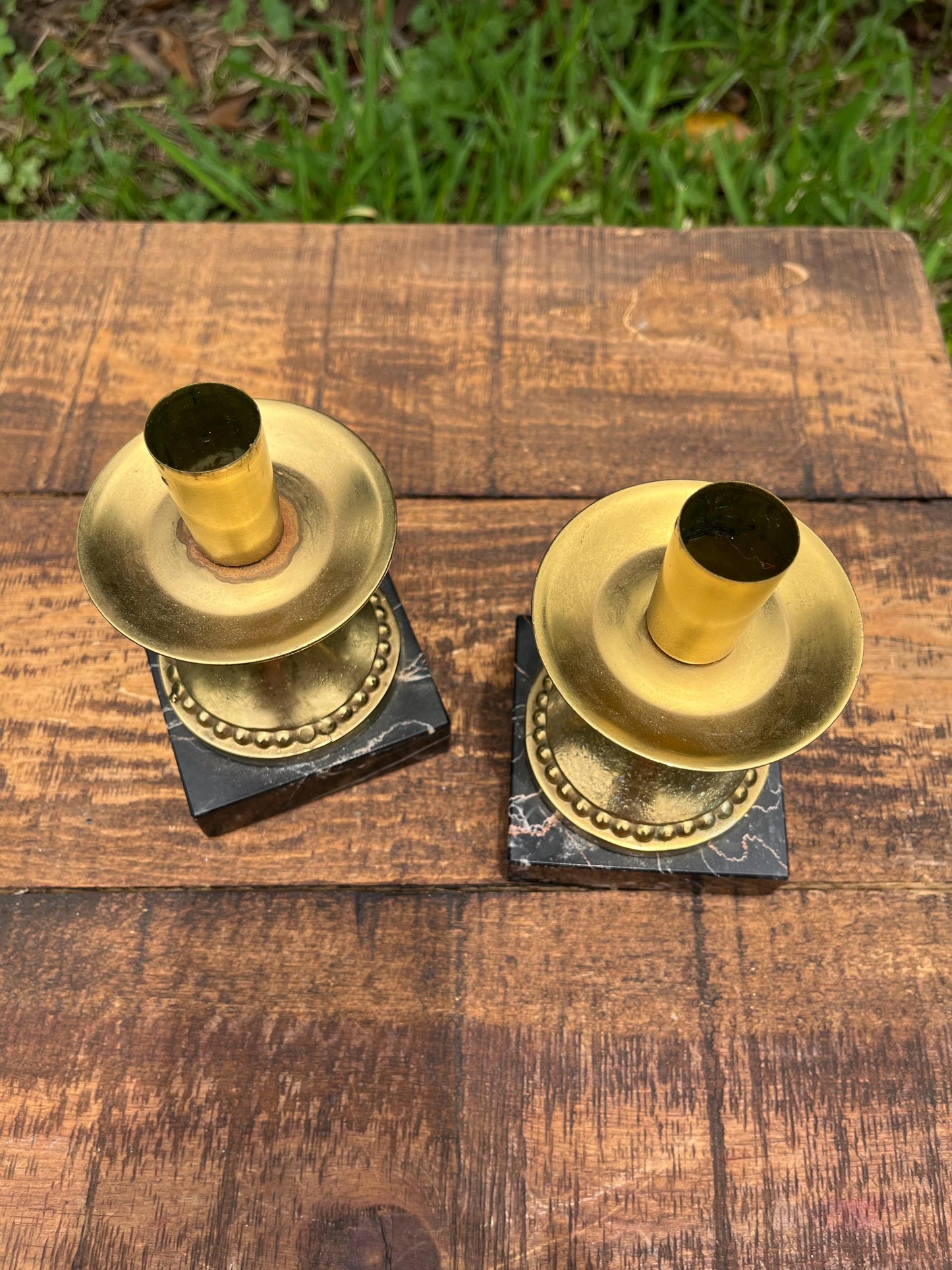 Pair of Brass Mini Candlesticks with Black Marble Bases – Hollywood Regency Table Decor